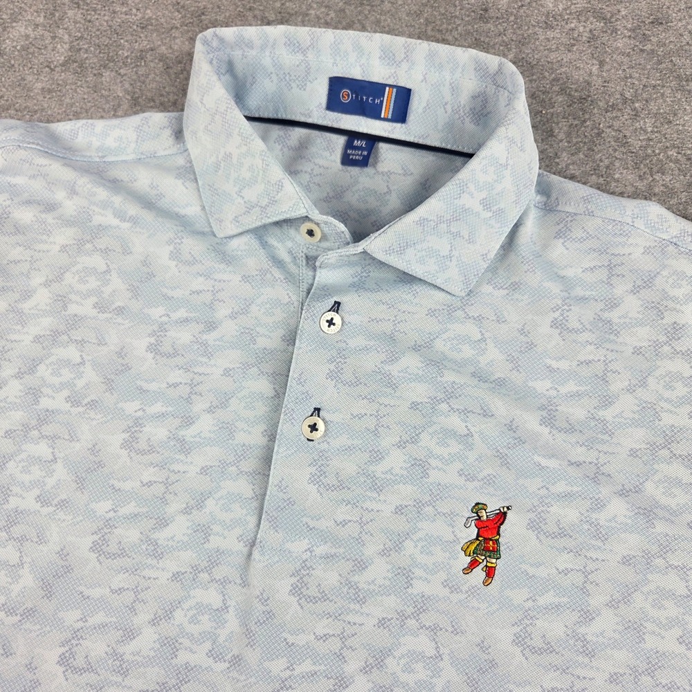 Stitch Golf Mens Blue Camo Scottish Kilt Golfer Performance Polo Shirt M/L